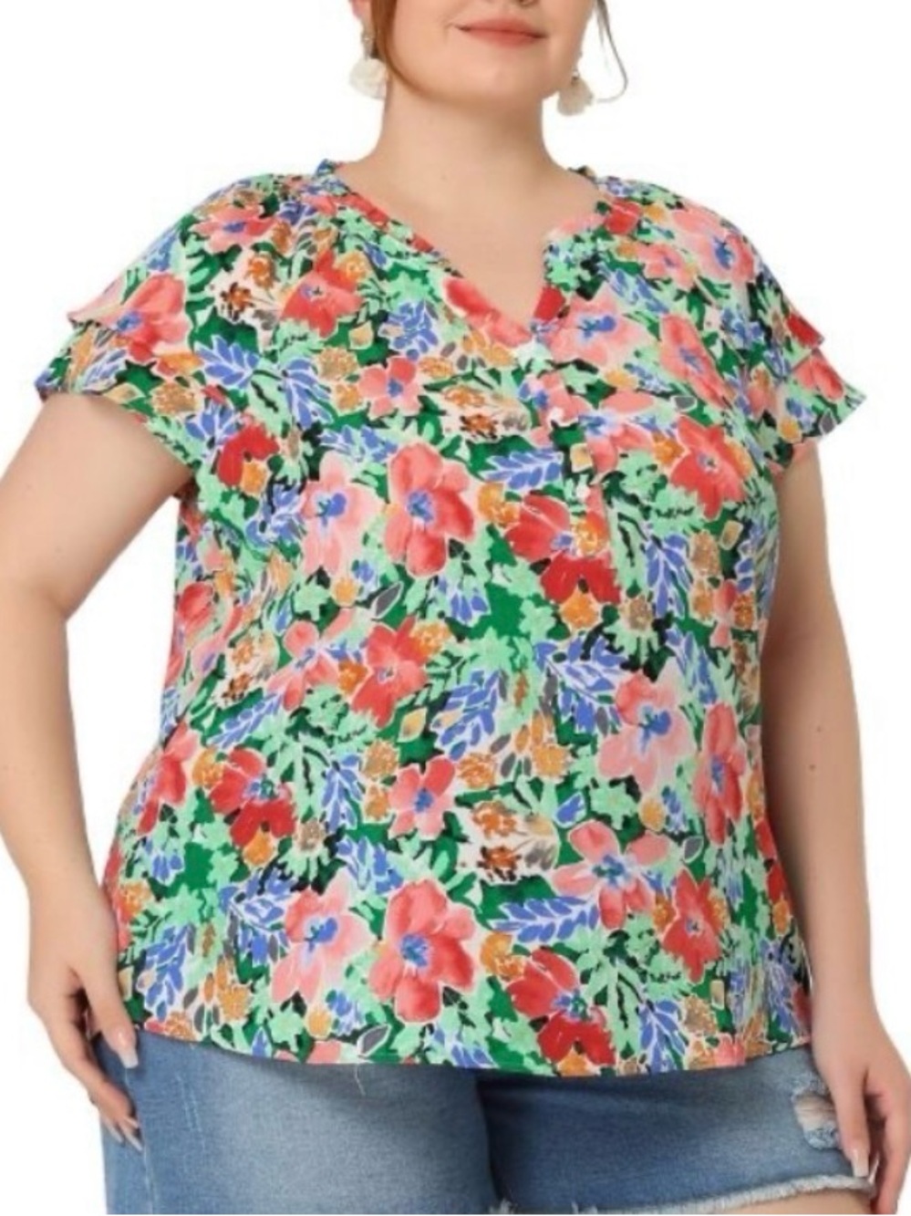 Women Plus Size Tops Retro Floral V Neck Tiered Short Sleeve Blouses, Size 1X